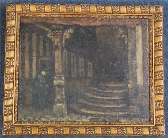 Herman Courtens (1884-1956) Interior with figure beside steps, 12.5 x 15.5in.